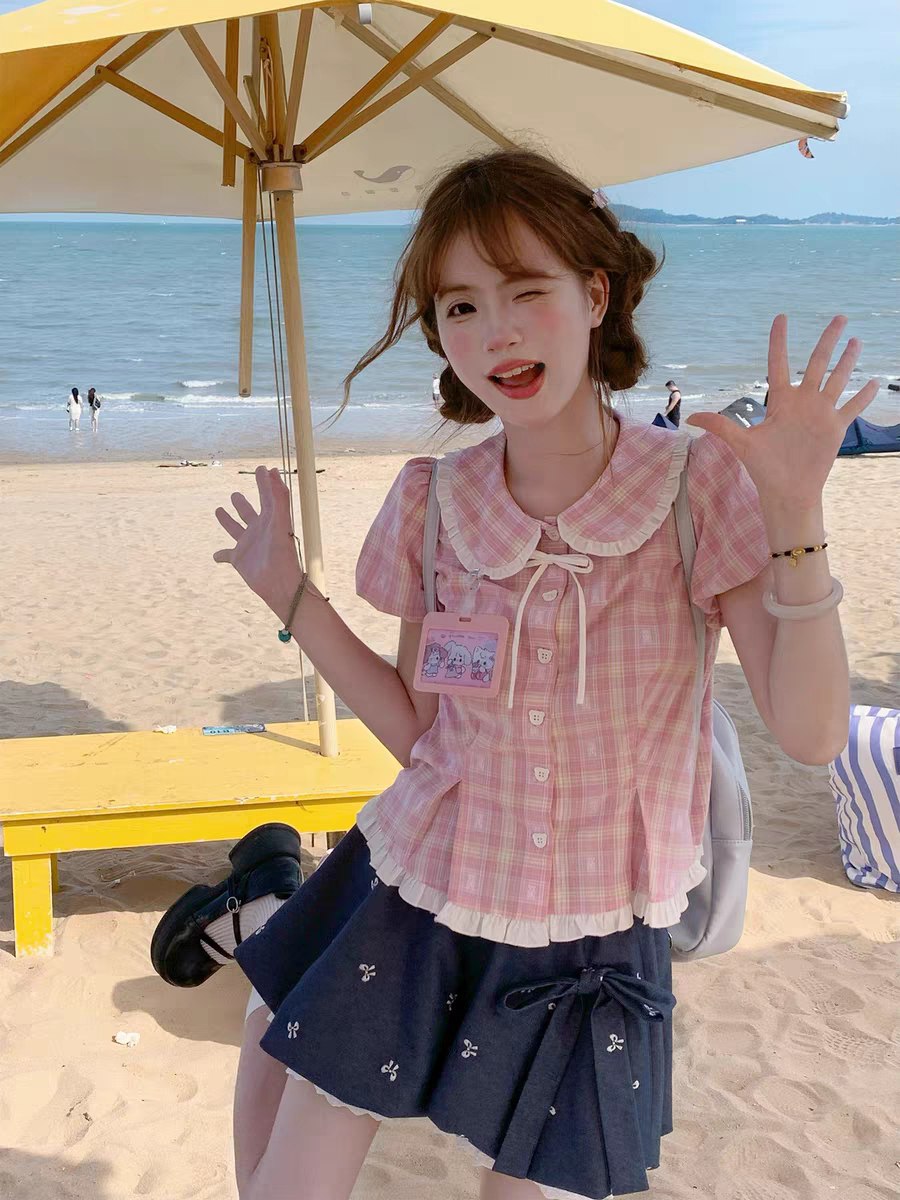 Cute Plaid Blouse and Pleated Skirt Set