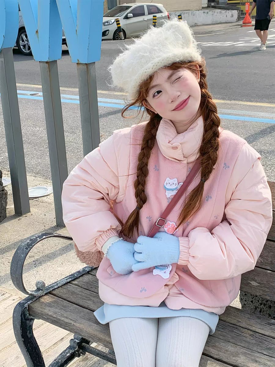 Pink Cat Print Winter Jacket