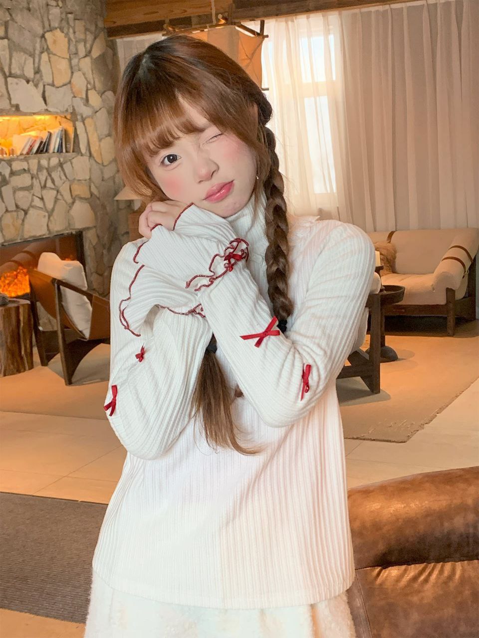 White Ribbed Long Sleeve Top with Red Ribbon Accents