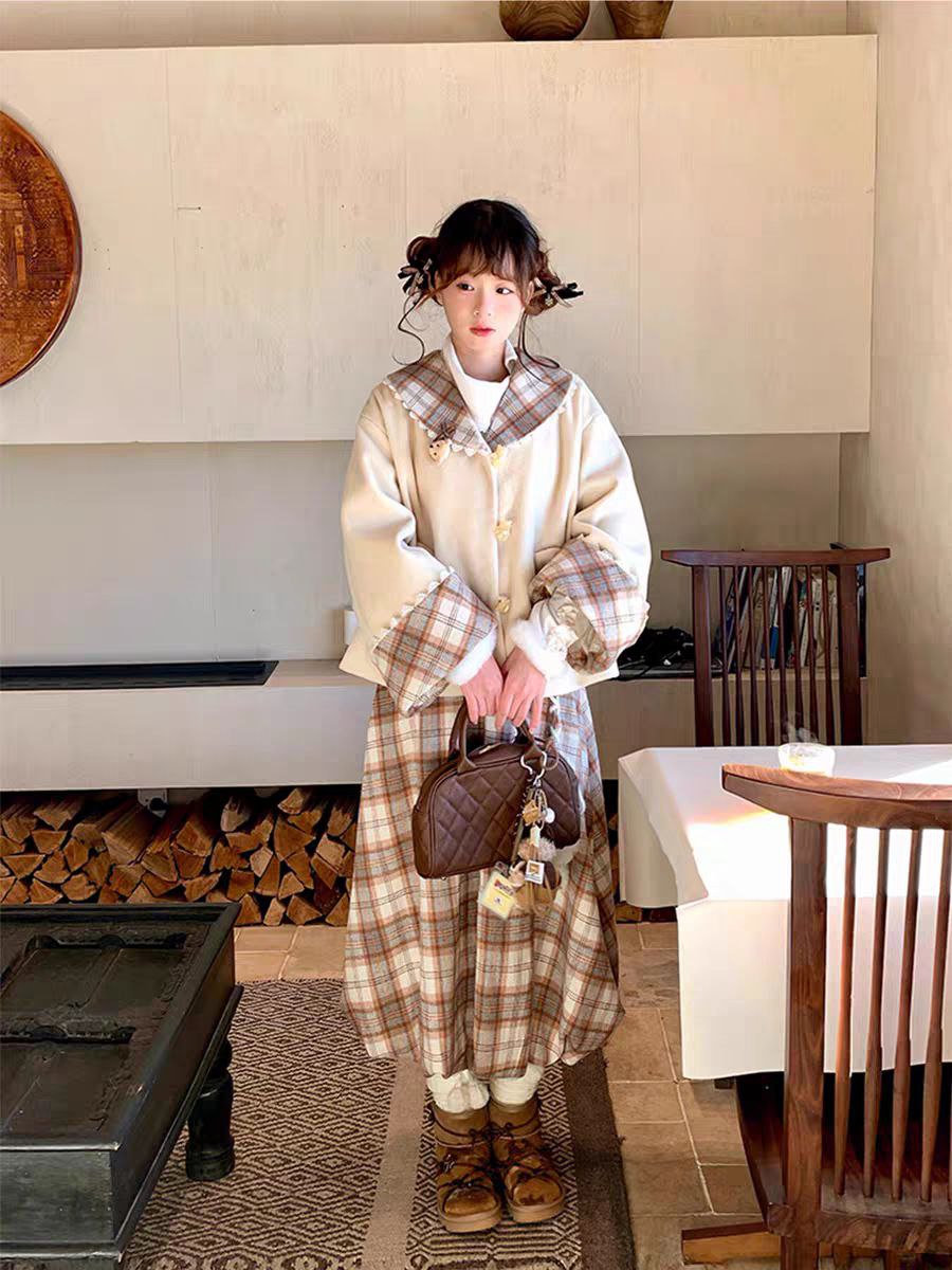 Plaid Trim Winter Coat