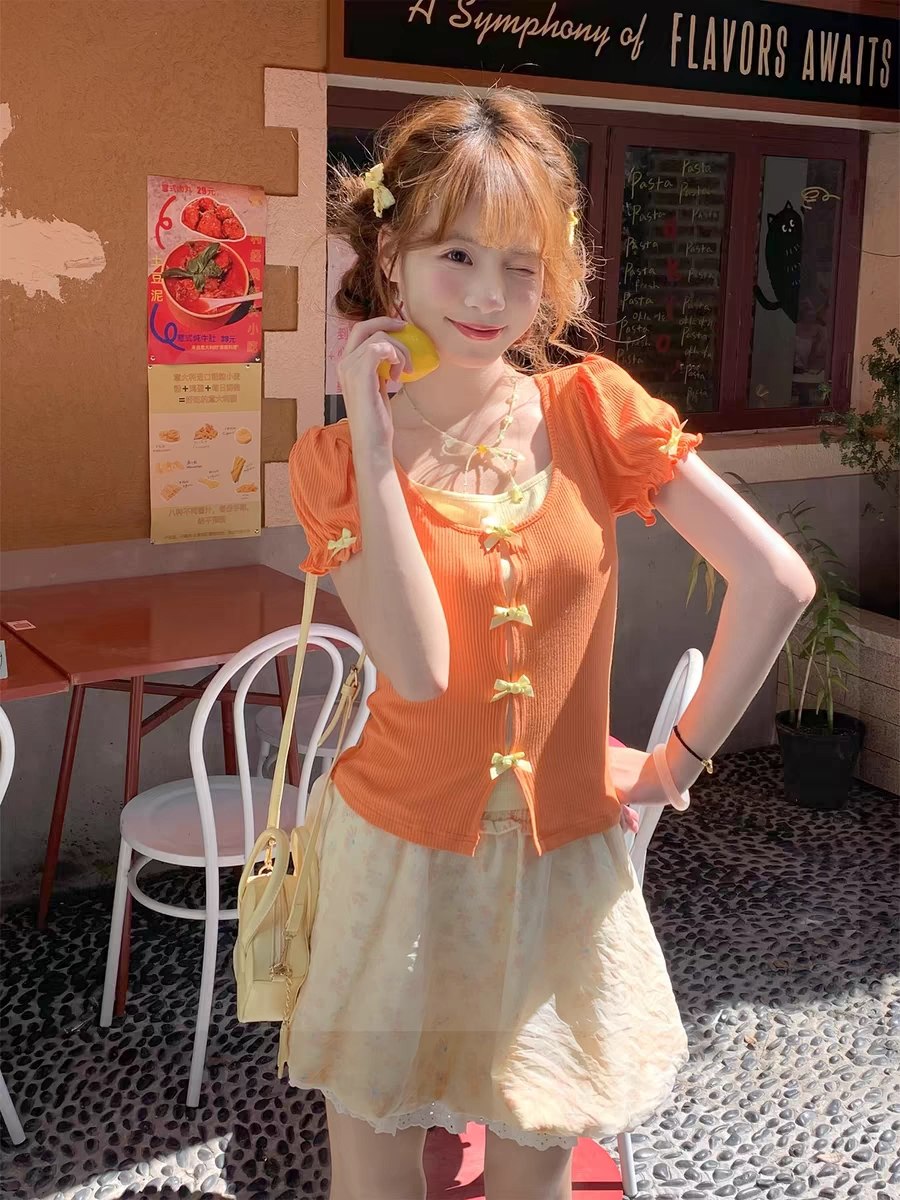 Orange Ribbon Tie Top
