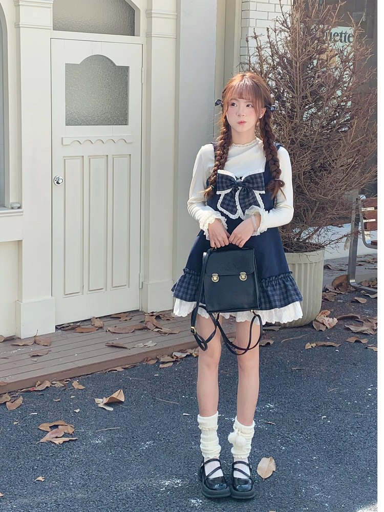 Navy Blue Pinafore Dress with Plaid Bow