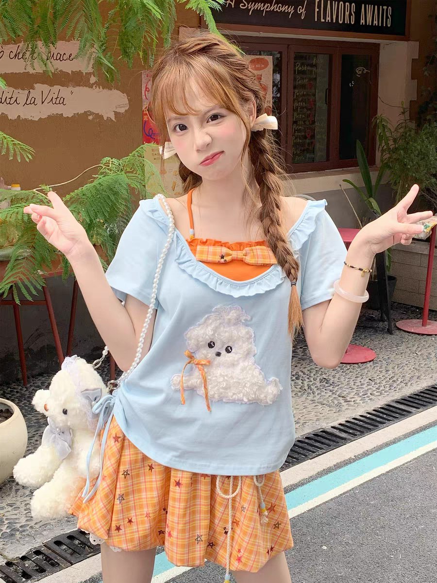 Cute Bear Embroidered T-Shirt and Skirt Set