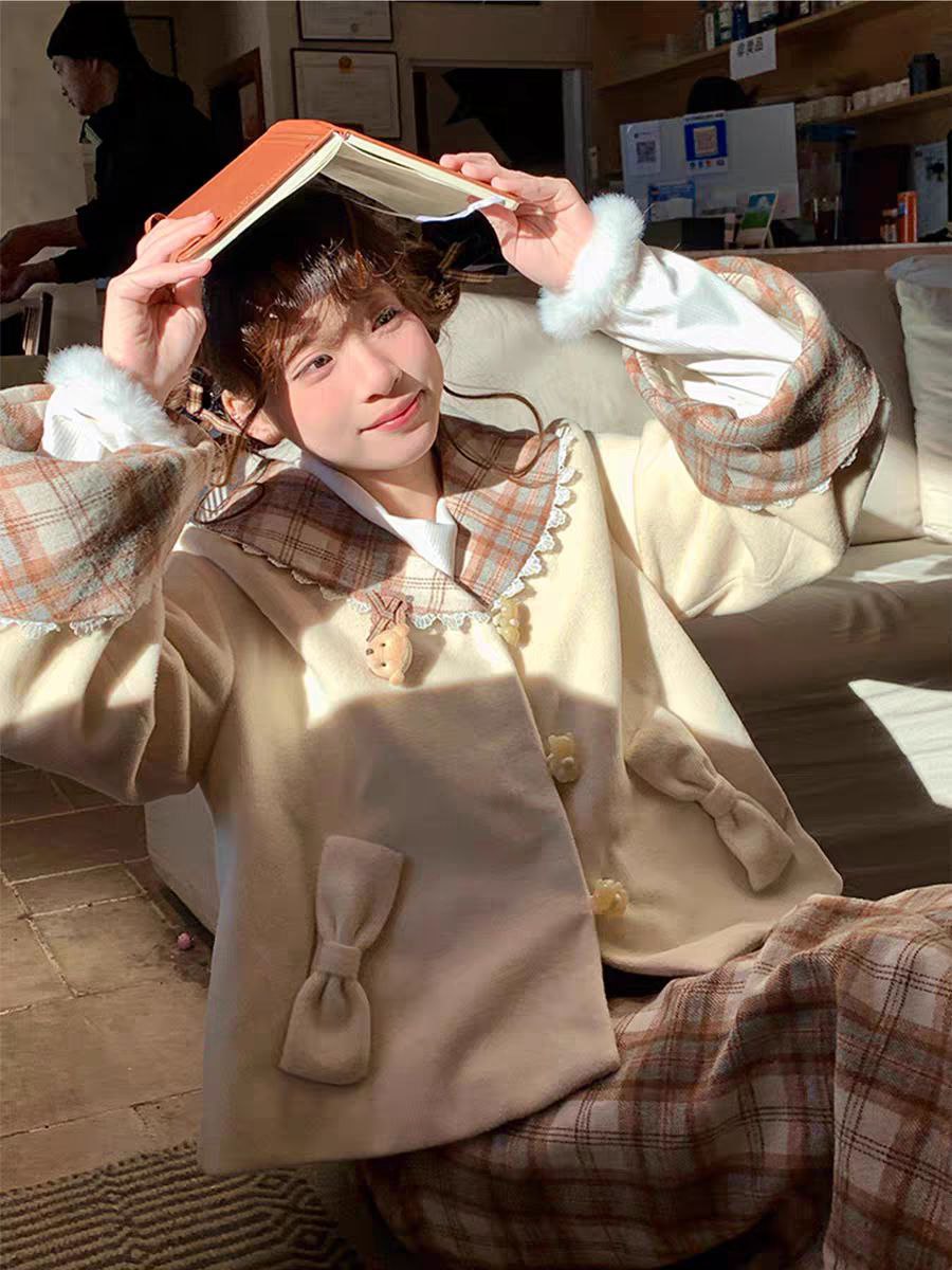 Plaid Trim Winter Coat