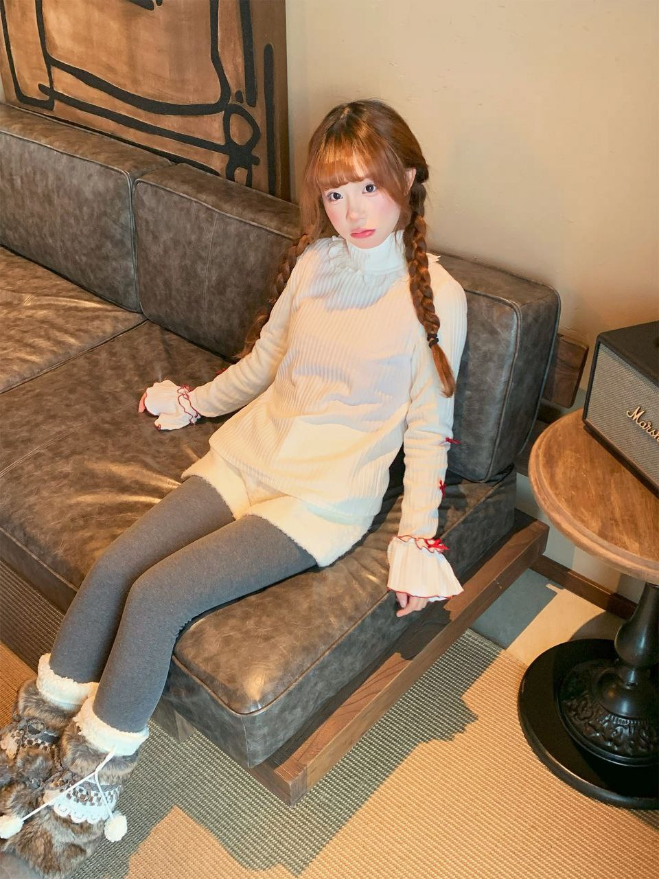 White Ribbed Long Sleeve Top with Red Ribbon Accents