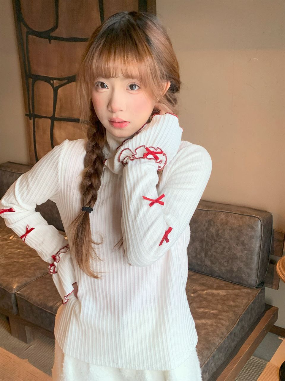 White Ribbed Long Sleeve Top with Red Ribbon Accents