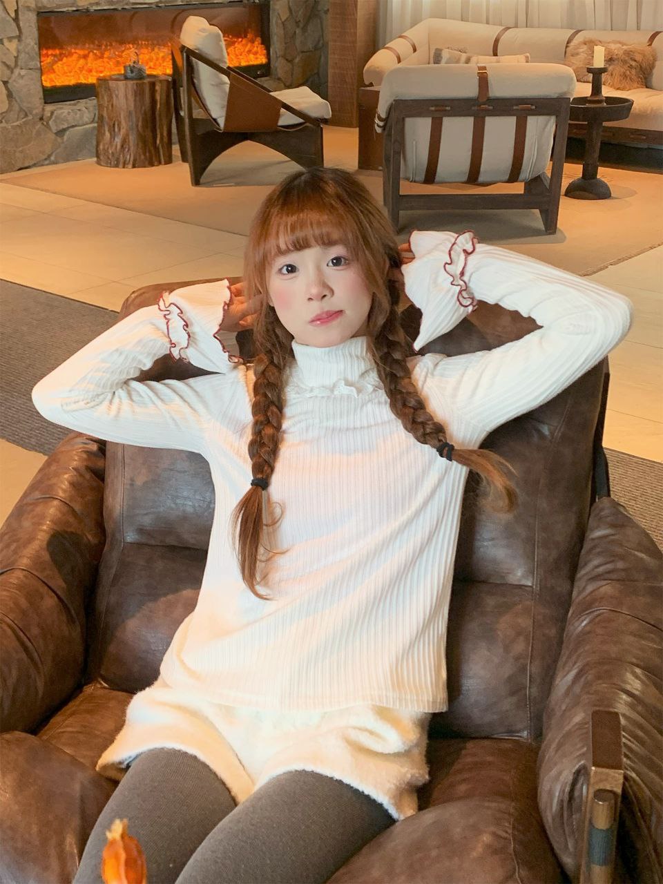 White Ribbed Long Sleeve Top with Red Ribbon Accents