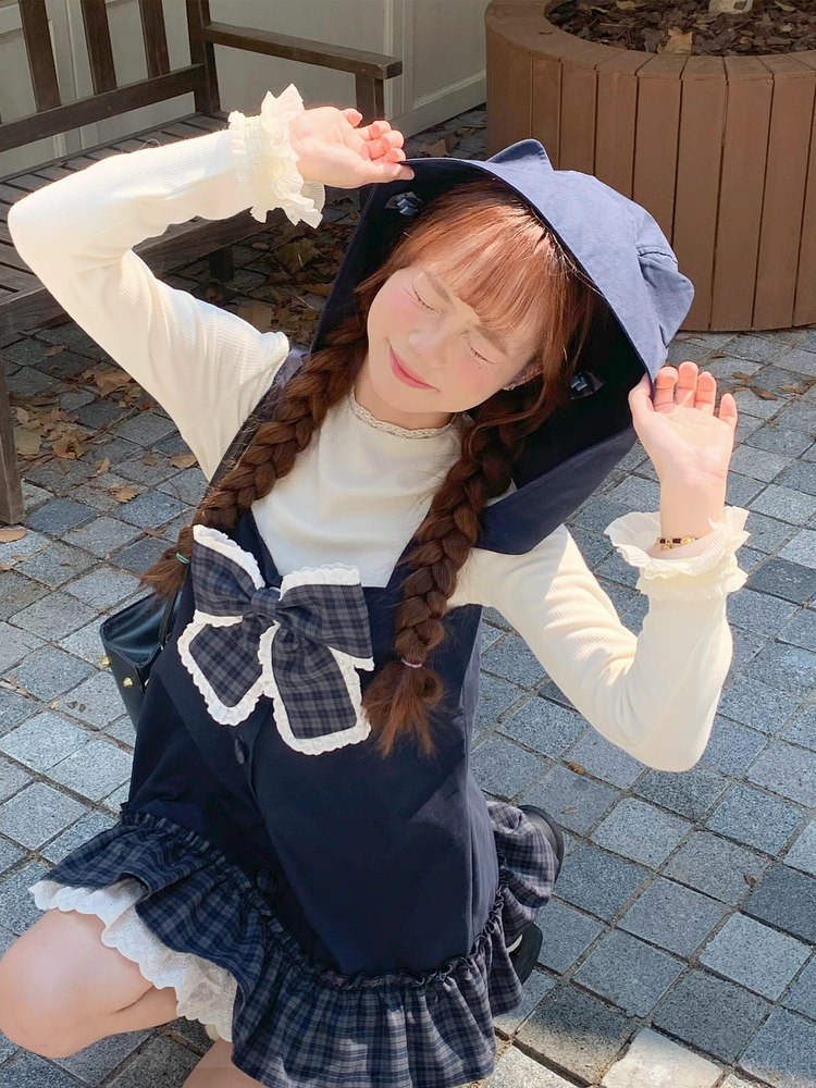 Navy Blue Pinafore Dress with Plaid Bow