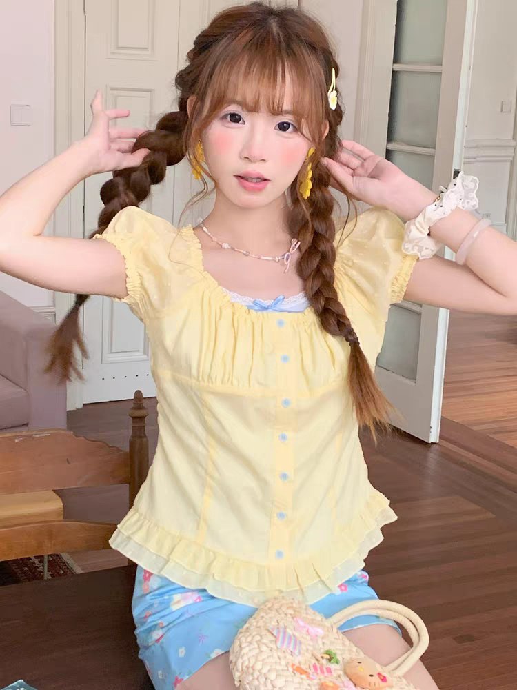Yellow Ruffled Short Sleeve Blouse