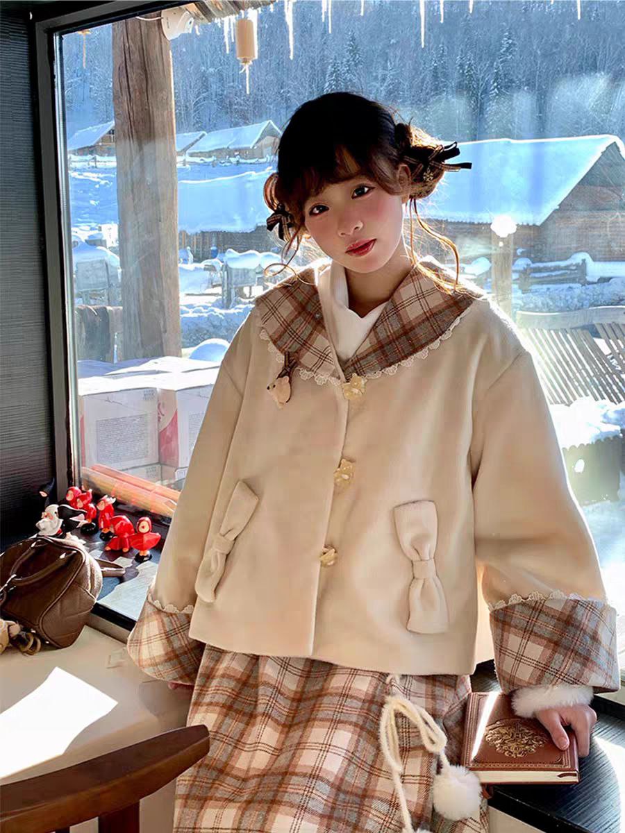 Plaid Trim Winter Coat