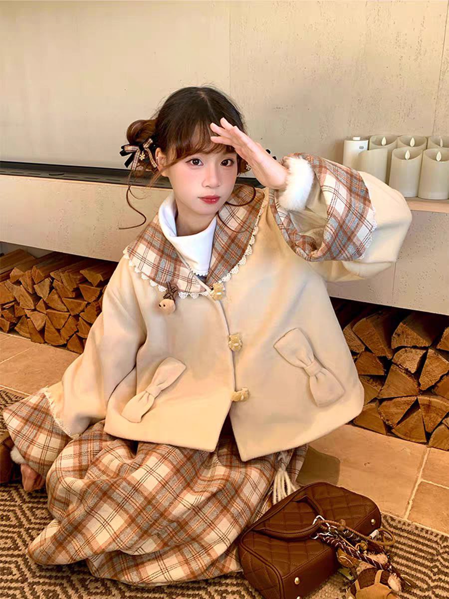 Plaid Trim Winter Coat