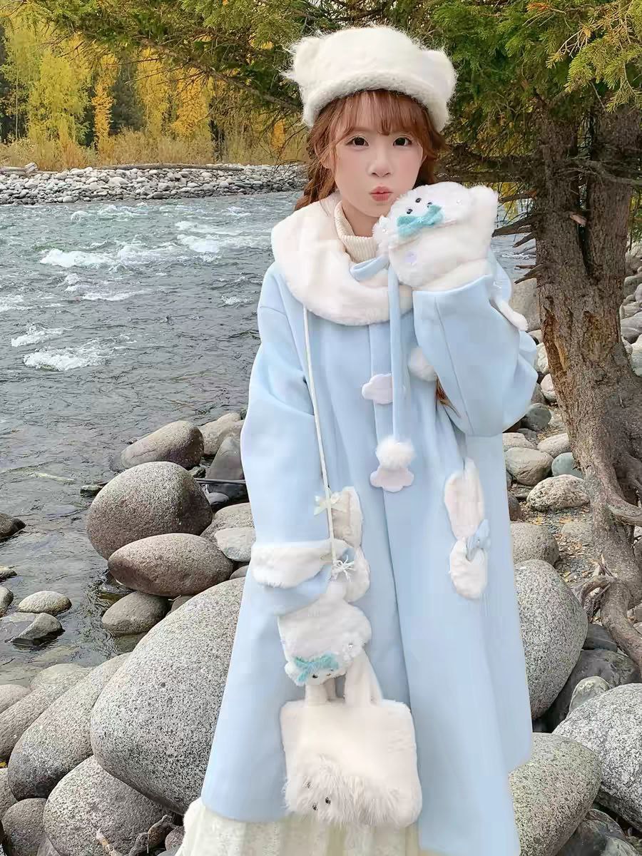 Winter Blue Coat with Faux Fur Trim