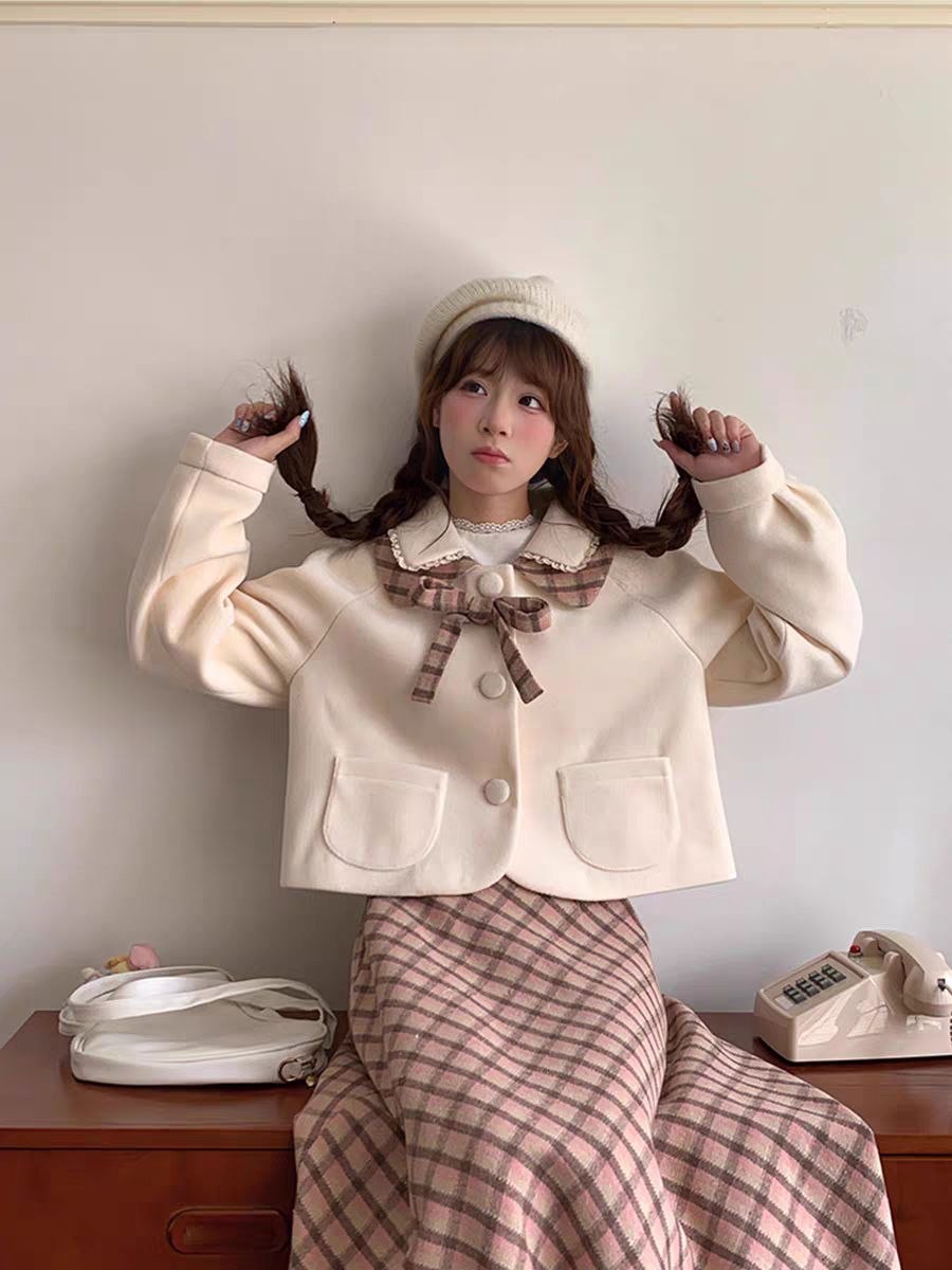 Plaid Midi Skirt & Cream Jacket Set