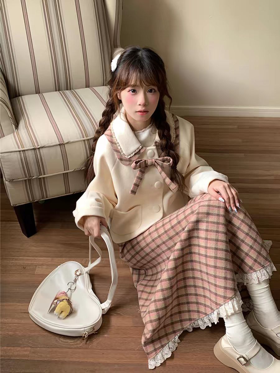 Plaid Midi Skirt & Cream Jacket Set
