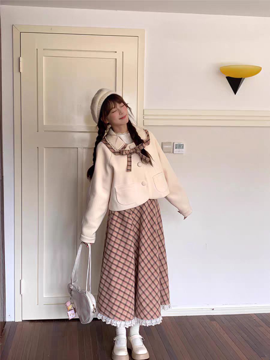 Plaid Midi Skirt & Cream Jacket Set