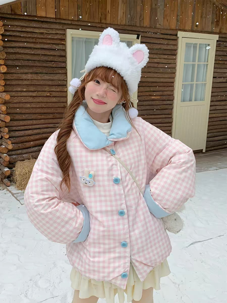 Pastel pink checkered winter coat