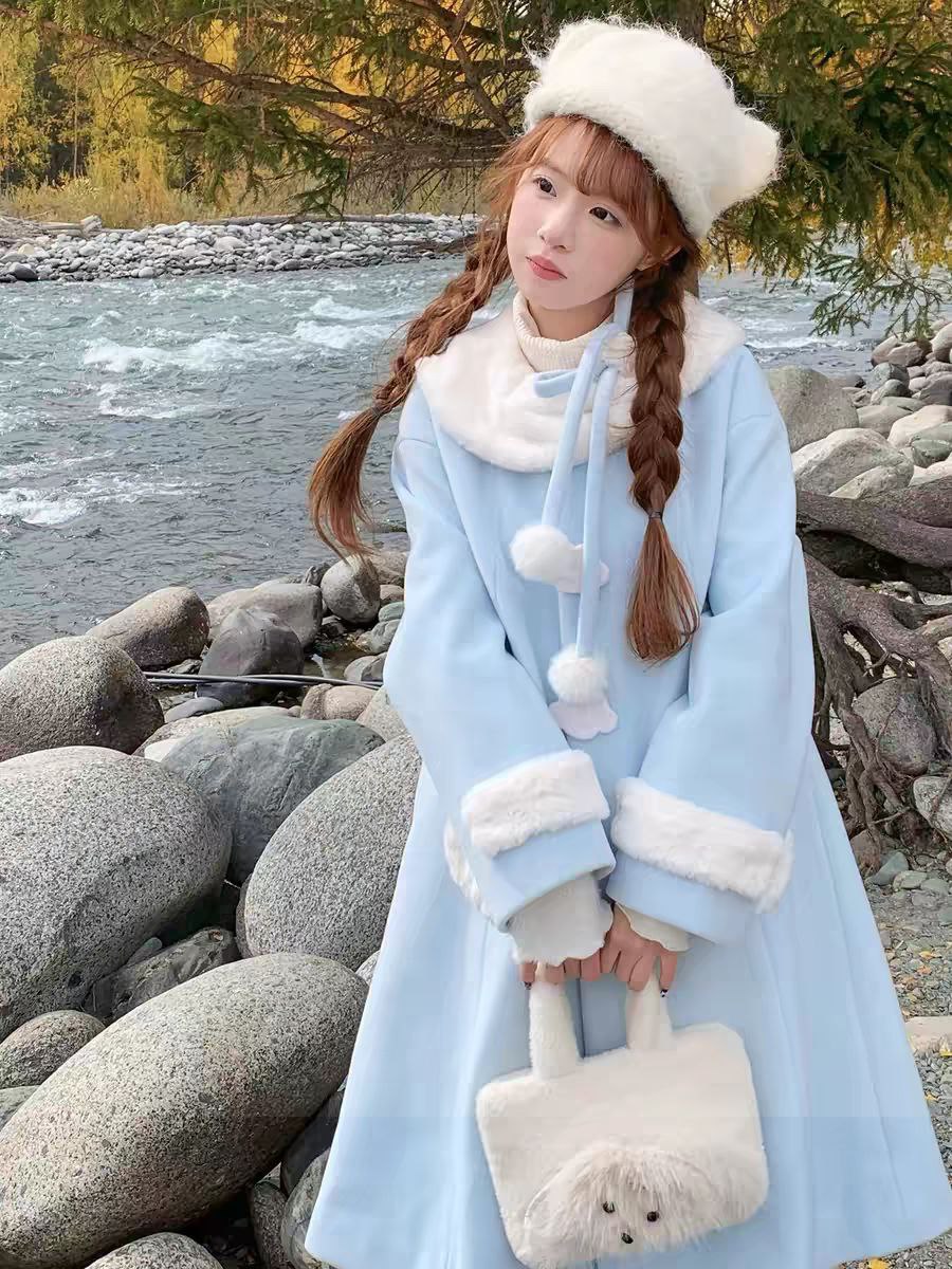 Winter Blue Coat with Faux Fur Trim