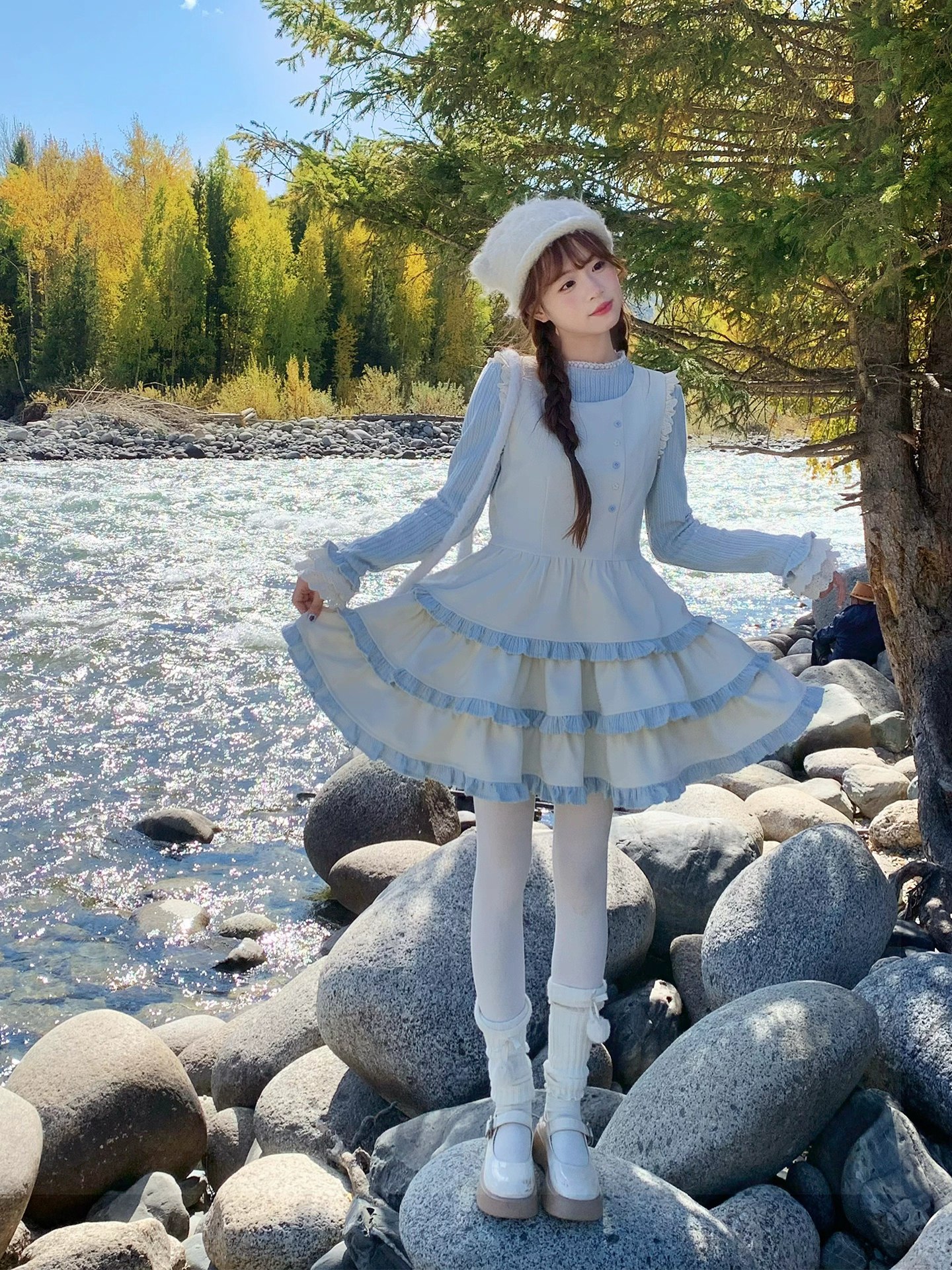 Blue and White Ruffled Dress
