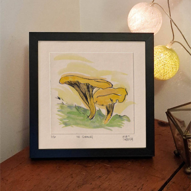 Les girolles - gravure à la pointe sèche et aquarelle