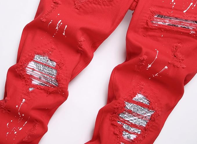 OIIIO Men's Patch Ripped Stretch Regular Fit Jean