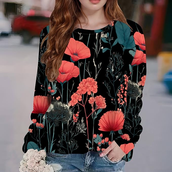 Retro Flower Print Sweatshirts for Women Crewneck Long Sleeve Elegant Tunic Tops Loose Pullover Sweatshirts Outfits