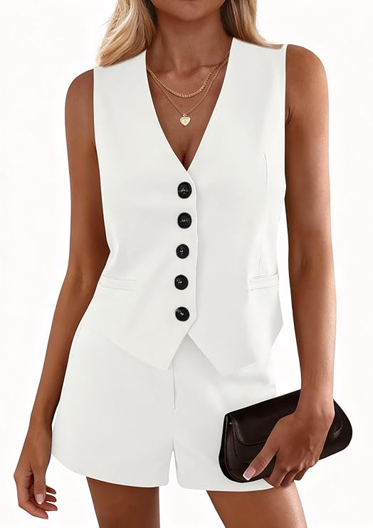 PRETTYGARDEN 2 Piece Sets for Women Spring Fashion 2026 Button Vest Tops High Waist Shorts Summer Business Casual Outfits