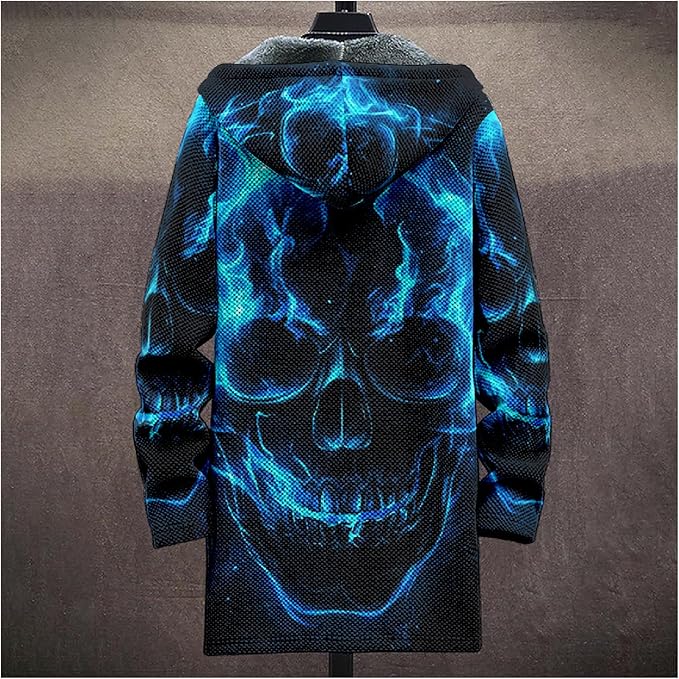 MARSVOVO Cool Hippie Long Cardigan Hoodies for Men Zipper Fleece Lined Knit Coat Skull Animal Print Graphic Jackets