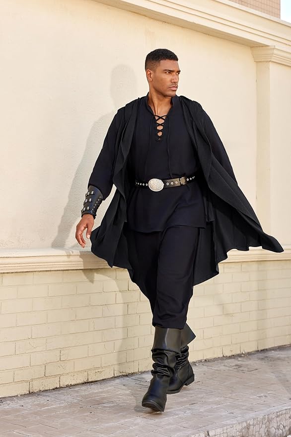 COOFANDY Men's Long Hooded Cardigan Sleeveless Ruffle Shawl Collar Lightweight Open Front Drape Kimono Vest