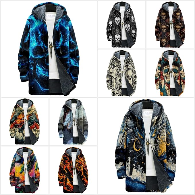 MARSVOVO Cool Hippie Long Cardigan Hoodies for Men Zipper Fleece Lined Knit Coat Skull Animal Print Graphic Jackets