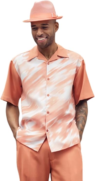 MONTIQUE Men's Walking Suits | Short Sleeve Beach Outfits for Men Button-Up Shirt & Relaxed-Fit Cuffed Pants | 2404