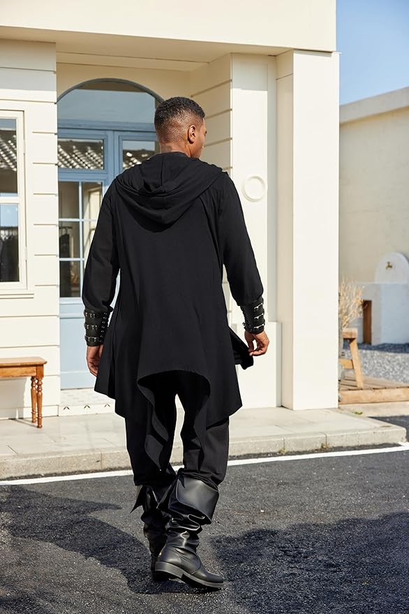 COOFANDY Men's Long Hooded Cardigan Sleeveless Ruffle Shawl Collar Lightweight Open Front Drape Kimono Vest