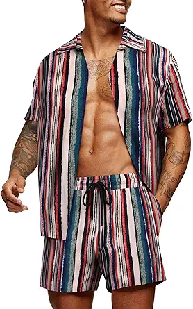COOFANDY Men's Hawaiian Matching Set Summer Beach 2 Piece Outfits Flower Button Down Shirts and Shorts Vacation Outfits