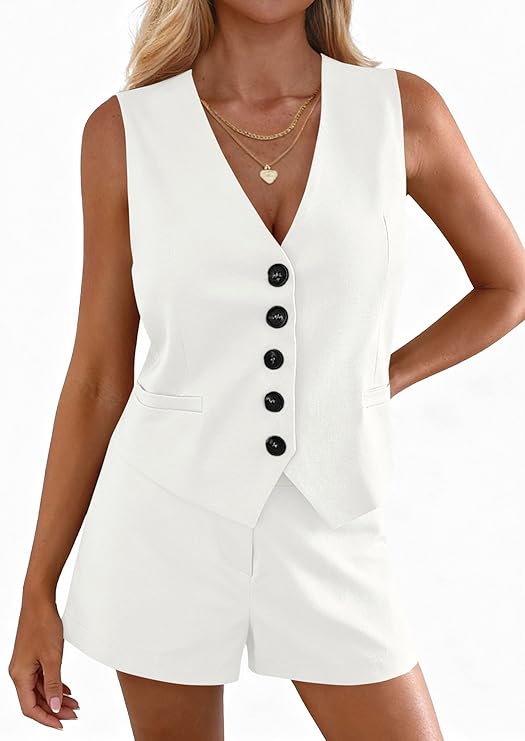 PRETTYGARDEN 2 Piece Sets for Women Spring Fashion 2026 Button Vest Tops High Waist Shorts Summer Business Casual Outfits