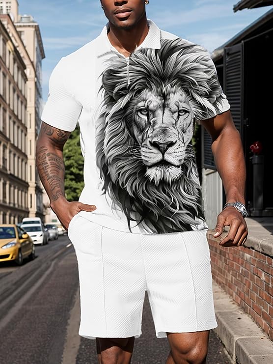 UOUA Mens Summer Track Suits 2 Piece Shorts Sets Short Sleeve Sweatsuit Outfits 1/4 Zip Golf Polo Splicing Striped Shirts