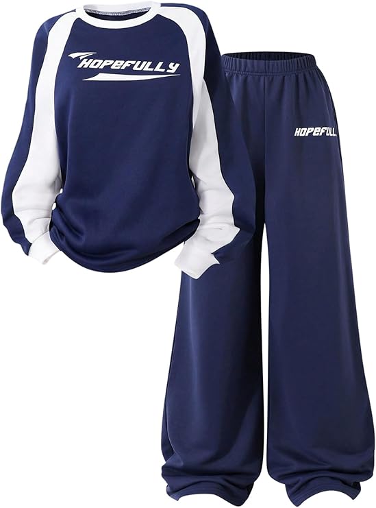 Girl's 2 Piece Outfits Letter Graphic Color Block Sweatshirts and Wide Leg Pants