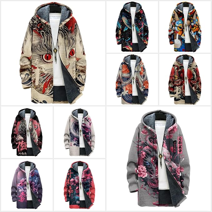 MARSVOVO Cool Hippie Long Cardigan Hoodies for Men Zipper Fleece Lined Knit Coat Skull Animal Print Graphic Jackets
