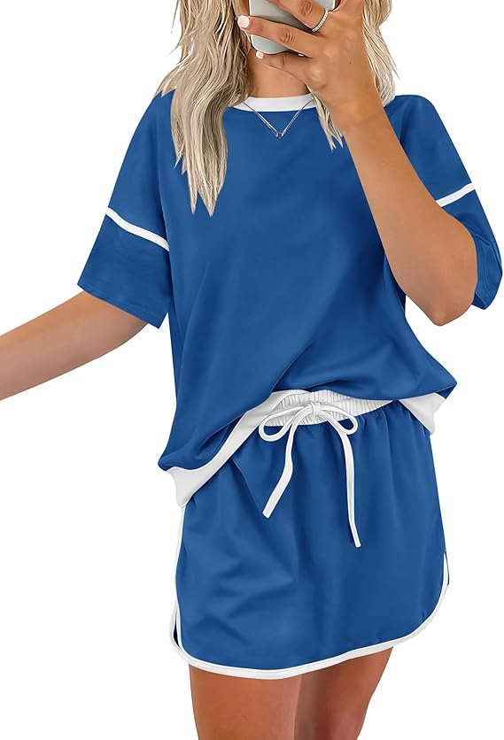 Rapbin Women's 2 Piece Sets Casual Colorblock Drop Shoulder T Shirt and Skort Set Summer Tracksuits