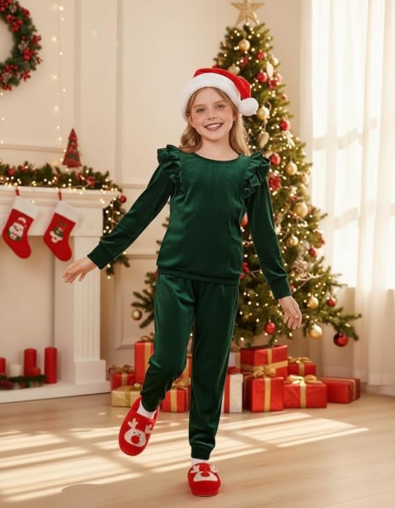 Arshiner Girls 2 Piece Outfits Velour Tracksuit Cute Clothes Sweatsuit Ruffle Pullover Sweatshirt Sweatpants Clothing Sets