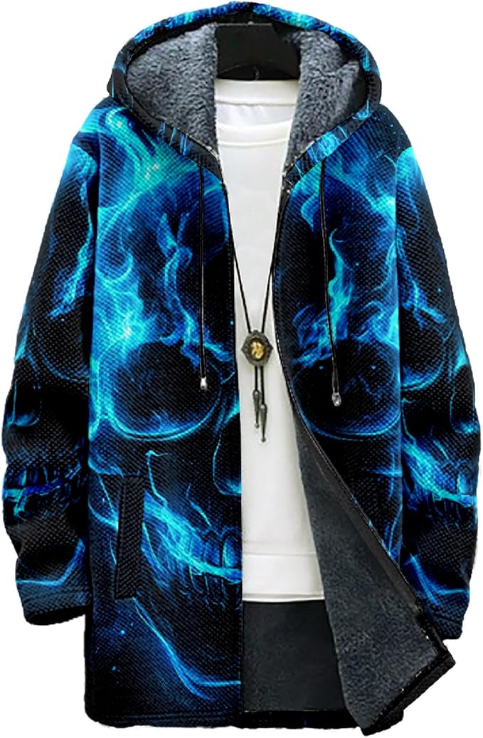MARSVOVO Cool Hippie Long Cardigan Hoodies for Men Zipper Fleece Lined Knit Coat Skull Animal Print Graphic Jackets