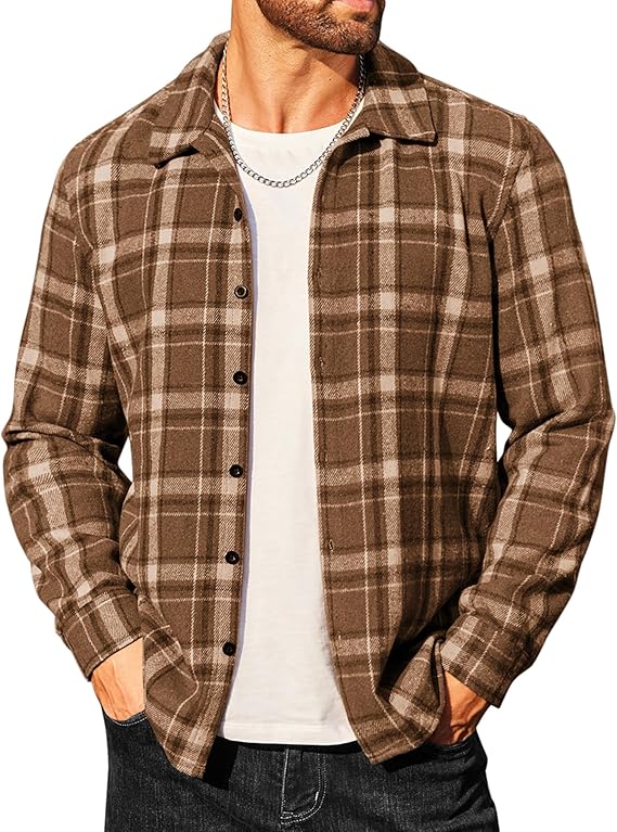 COOFANDY Men's Flannel Shirts Casual Button Down Plaid Shirt Jacket Long Sleeve Fleece Shacket