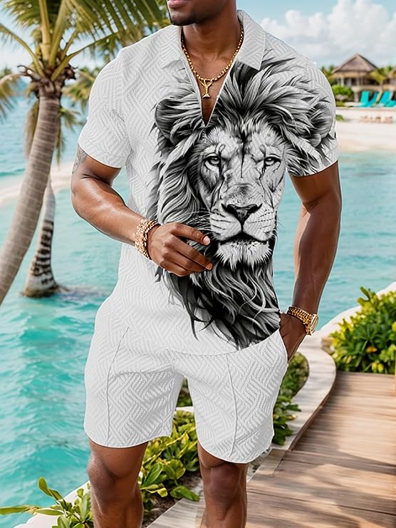 UOUA Mens Summer Track Suits 2 Piece Shorts Sets Short Sleeve Sweatsuit Outfits 1/4 Zip Golf Polo Splicing Striped Shirts