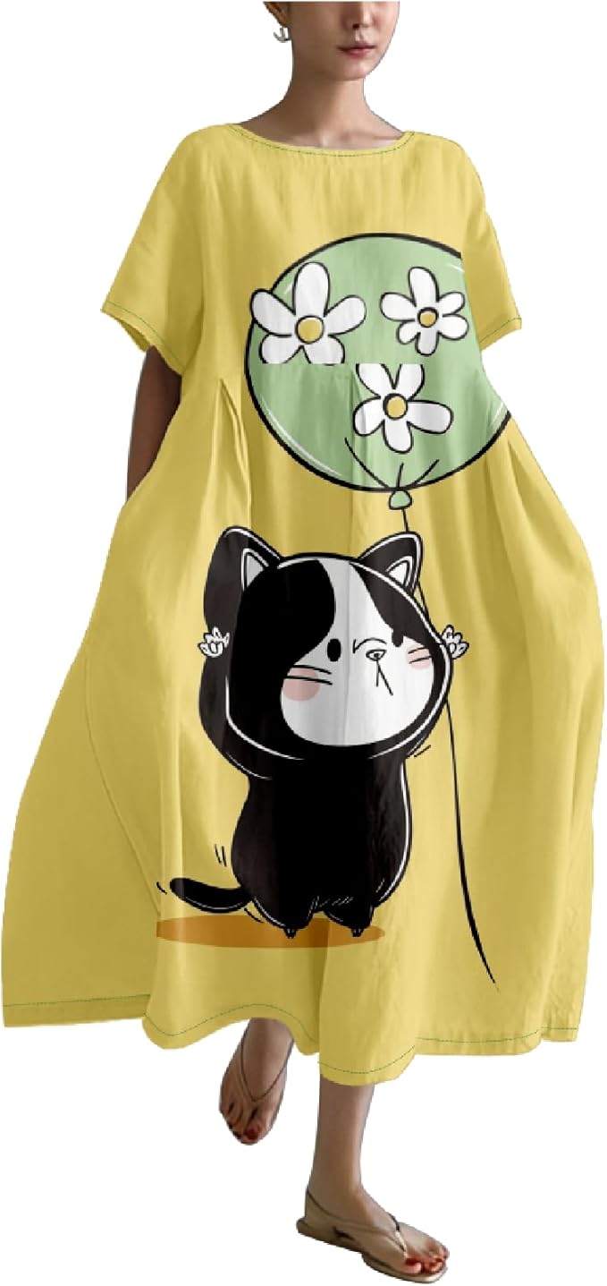 MARSVOVO Summer Dress for Women Funny Cat Graphic Cute Short Sleeve Maxi Dress Causal Plus Size Party Dress for Women