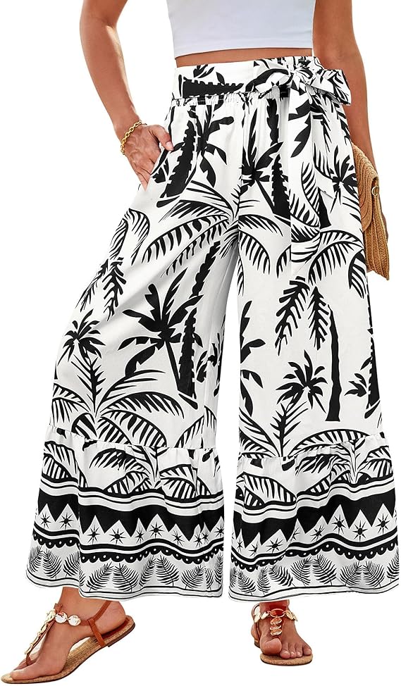 GRACE KARIN Women's 2025 Summer Wide Leg Palazzo Pants Elastic High Waisted Boho Casual Flowy Beach Pants with Pockets