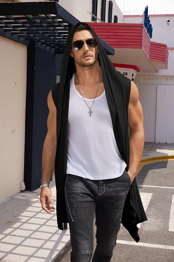 COOFANDY Men's Long Hooded Cardigan Sleeveless Ruffle Shawl Collar Lightweight Open Front Drape Kimono Vest