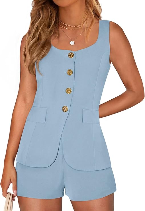 PRETTYGARDEN Womens 2 Piece Matching Sets 2026 Fashion Button Down Suit Vest Tops Shorts Set Spring Business Casual Outfits