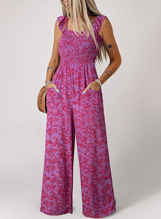 Dokotoo Floral Jumpsuits for Women 2025 Summer Floral Ruffle Sleeves Square Neck Rompers with Pockets