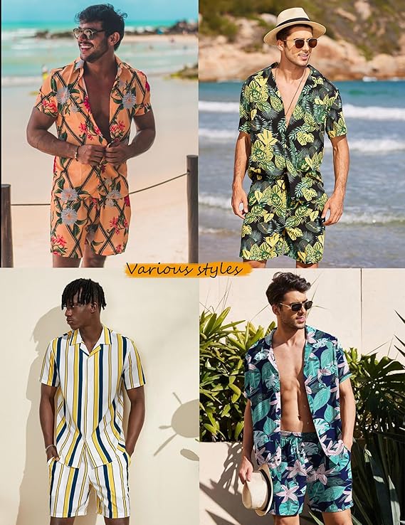 COOFANDY Men's Hawaiian Matching Set Summer Beach 2 Piece Outfits Flower Button Down Shirts and Shorts Vacation Outfits