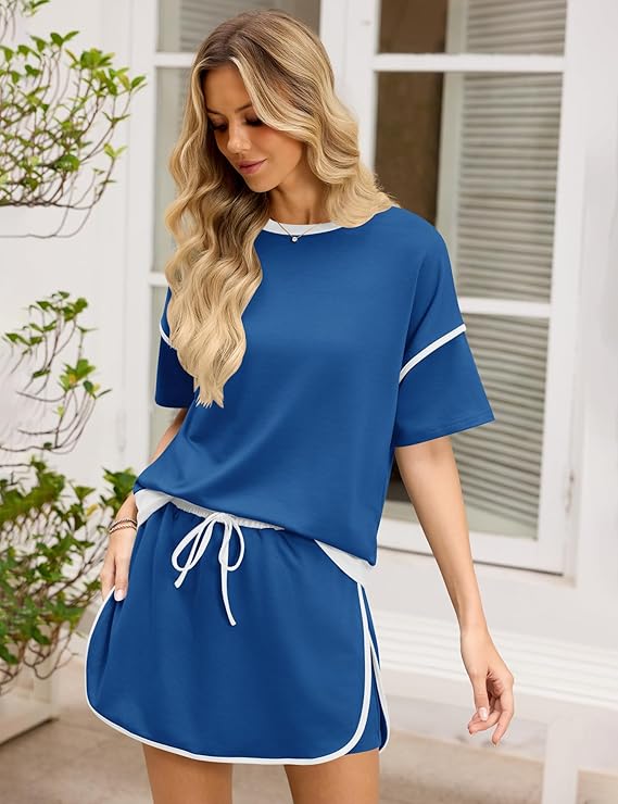 Rapbin Women's 2 Piece Sets Casual Colorblock Drop Shoulder T Shirt and Skort Set Summer Tracksuits