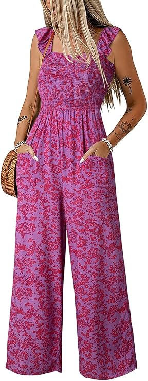 Dokotoo Floral Jumpsuits for Women 2025 Summer Floral Ruffle Sleeves Square Neck Rompers with Pockets