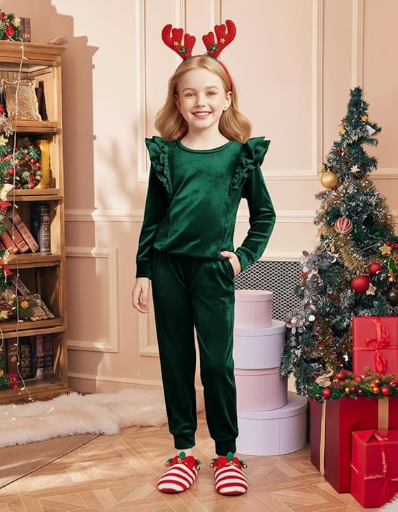Arshiner Girls 2 Piece Outfits Velour Tracksuit Cute Clothes Sweatsuit Ruffle Pullover Sweatshirt Sweatpants Clothing Sets